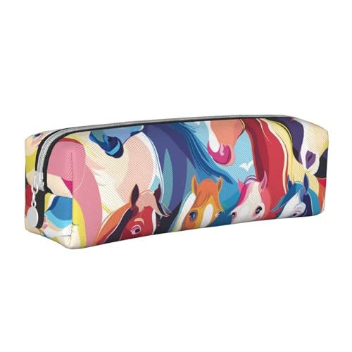 KCGSDEGV Niedliches Federmäppchen mit bunten Cartoon-Pferden, bedrucktes Leder-Federmäppchen, Stifteetui, Schule, Schreibwaren, Organizer, Stiftebox, weiß, Einheitsgröße, Schulranzen von KCGSDEGV