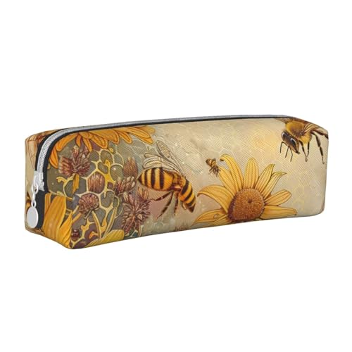 KCGSDEGV Niedliches Federmäppchen mit ländlichen Honigbienen und Blumen, bedrucktes Leder-Federmäppchen, Stifteetui, für Schule, Schreibwaren, Organizer, Stiftebox, weiß, Einheitsgröße, Schulranzen von KCGSDEGV