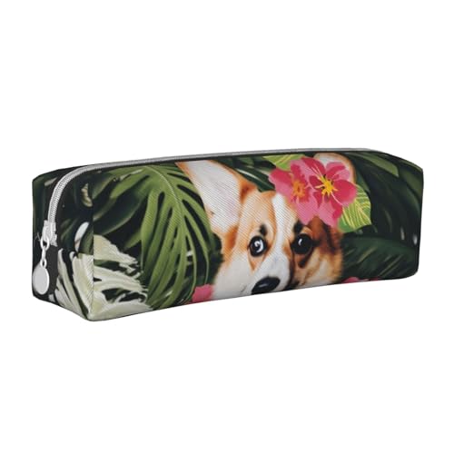 KCGSDEGV Niedliches Federmäppchen mit tropischer Blume und Corgi 2 bedrucktem Leder-Federmäppchen für die Schule, Schreibwaren, Organizer, Stiftebox, weiß, Einheitsgröße, Schulranzen von KCGSDEGV