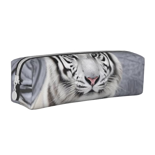 KCGSDEGV Niedliches Federmäppchen mit weißem Tiger im Schnee, bedrucktes Leder-Federmäppchen, Stifteetui, Schule, Schreibwaren, Organizer, Stiftebox, weiß, Einheitsgröße, Schulranzen von KCGSDEGV