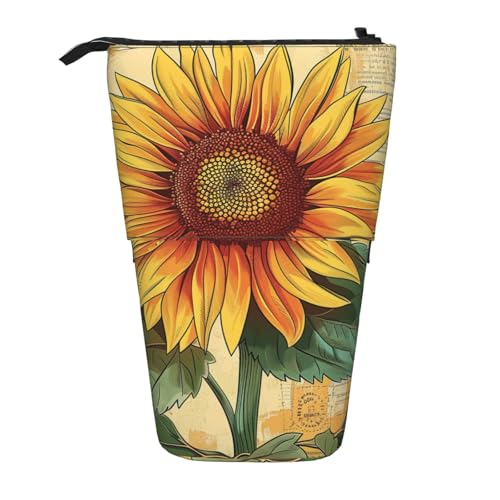 KCGSDEGV Retro-Sonnenblumen-Drucke, stehend, erweiterbar, Federmäppchen, Organizer für Schulstifte, Make-up und Reisen, für Studenten und Künstler, Schwarz , Einheitsgröße, Schulranzen von KCGSDEGV