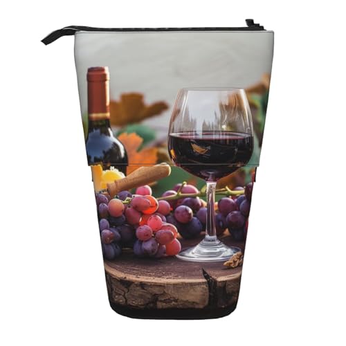KCGSDEGV Rotwein-Galsse & Trauben mit Holzdrucken, stehend, erweiterbar, Federmäppchen, Organizer für Schulstifte, Make-up & Reisen für Studenten & Künstler, Schwarz , Einheitsgröße, Schulranzen von KCGSDEGV