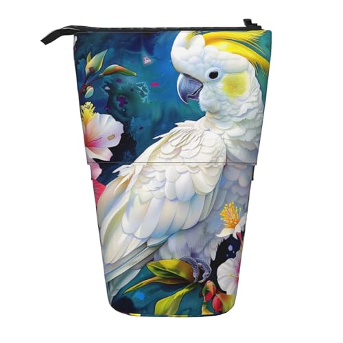 KCGSDEGV Schönes Federmäppchen mit Kakadu-Vogel-Blumendrucken, stehend, erweiterbar, Organizer für Schule, Stifte, Make-up und Reisen, für Studenten und Künstler, Schwarz , Einheitsgröße, Schulranzen von KCGSDEGV