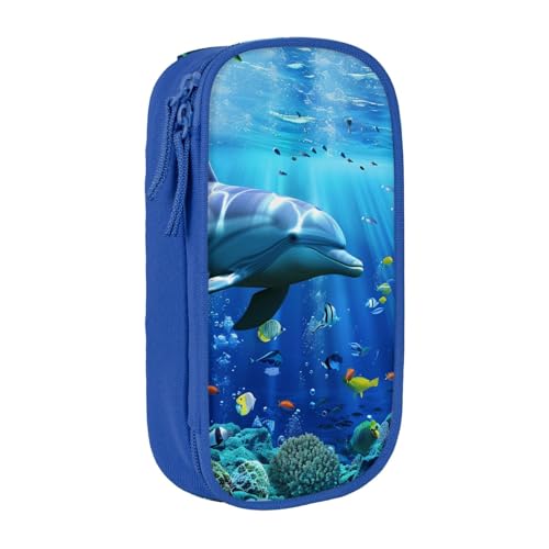 KCGSDEGV Schwarzes Federmäppchen mit 3D-Unterwasserwelt, Fisch-Delphi-Druck, großes Fassungsvermögen, niedliches Federmäppchen, Schreibwaren-Organizer, Box für Schule, Mädchen, Jungen, blau, von KCGSDEGV