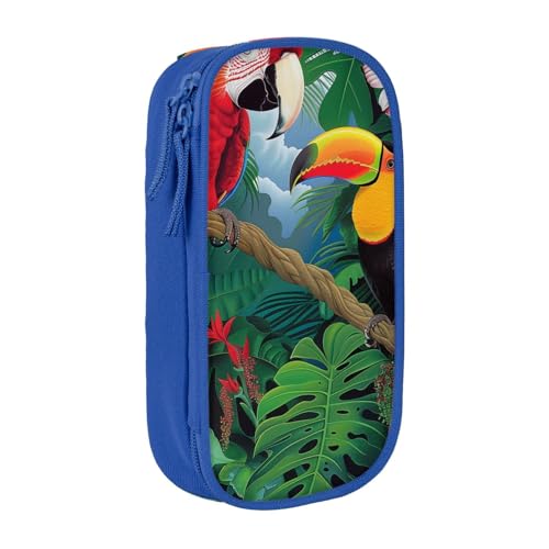 KCGSDEGV Schwarzes Federmäppchen mit Aras und Tukan, bedruckt mit Regenwäldern, großes Fassungsvermögen, niedliches Federmäppchen, Schreibwaren-Organizer, Box für Schule, Mädchen, Jungen, blau, von KCGSDEGV