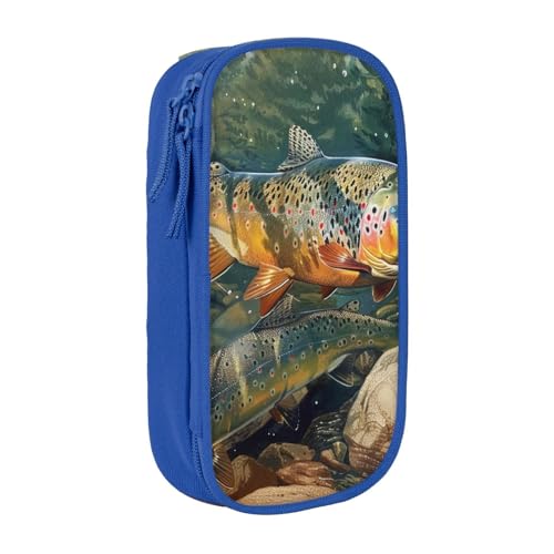 KCGSDEGV Schwarzes Federmäppchen mit Brook Forelle Fliegenfischen bedruckt, großes Fassungsvermögen, niedliches Federmäppchen, Schreibwaren-Organizer, Box für Schule, Mädchen, Jungen, blau, von KCGSDEGV