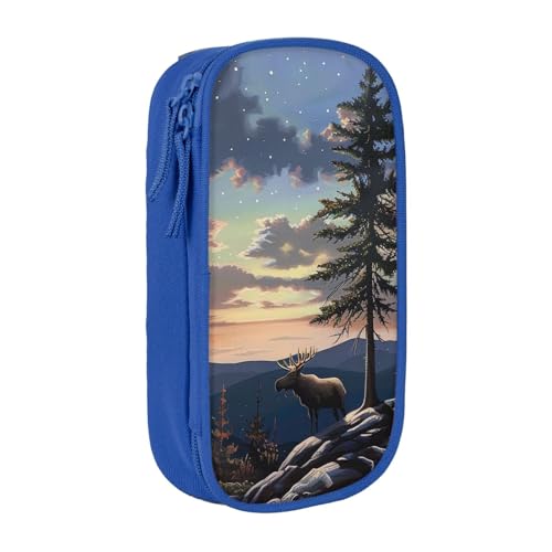 KCGSDEGV Schwarzes Federmäppchen mit Elch, Bergkiefer, Wildnis, bedruckt, großes Fassungsvermögen, niedliches Federmäppchen, Schreibwaren-Organizer, Box für Schule, Mädchen, Jungen, blau, von KCGSDEGV