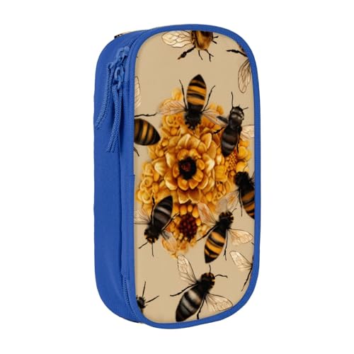 KCGSDEGV Schwarzes Federmäppchen mit Honigbienen bedruckt, großes Fassungsvermögen, niedliches Federmäppchen, Schreibwaren-Organizer, Box für Schule, Mädchen, Jungen, blau, Einheitsgröße, Schulranzen von KCGSDEGV