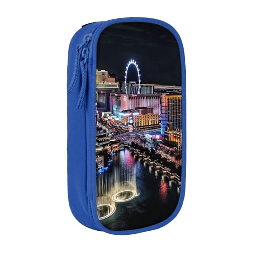 KCGSDEGV Schwarzes Federmäppchen mit Las Vegas Nachtansicht bedruckt, großes Fassungsvermögen, niedliches Federmäppchen, Schreibwaren-Organizer, Box für Schule, Mädchen, Jungen, blau, Einheitsgröße, von KCGSDEGV