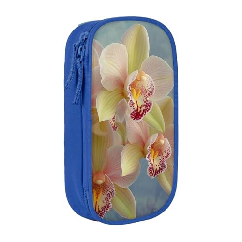 KCGSDEGV Schwarzes Federmäppchen mit Orchideen-Druck, großes Fassungsvermögen, niedliches Federmäppchen, Schreibwaren-Organizer, Box für Schule, Mädchen, Jungen, blau, Einheitsgröße, Schulranzen von KCGSDEGV