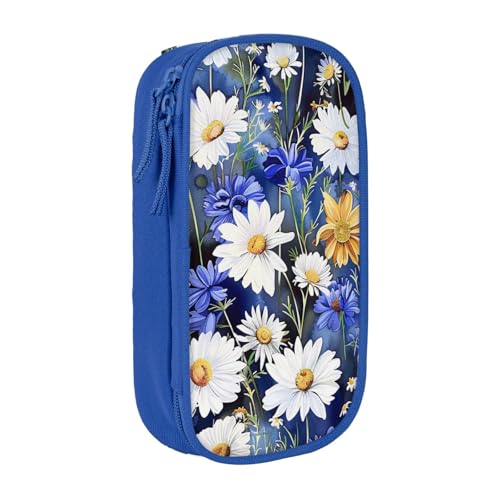KCGSDEGV Schwarzes Federmäppchen mit Wildblumen und Kornblumen, Gänseblümchen, großes Fassungsvermögen, niedliches Federmäppchen, Schreibwaren-Organizer, Box für Schule, Mädchen, Jungen, blau, von KCGSDEGV
