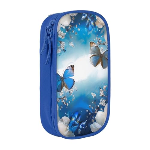 KCGSDEGV Schwarzes Federmäppchen mit blauen Schmetterlingen und weißen Blumen, großes Fassungsvermögen, niedliches Federmäppchen, Schreibwaren-Organizer, Box für Schule, Mädchen, Jungen, blau, von KCGSDEGV