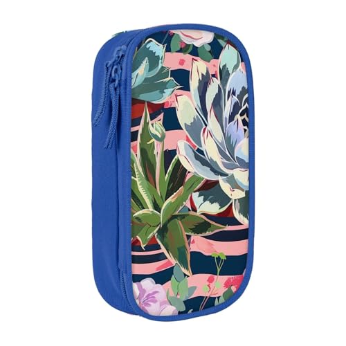 KCGSDEGV Schwarzes Federmäppchen mit gestreiften Sukkulenten bedruckt, großes Fassungsvermögen, niedliches Federmäppchen, Schreibwaren-Organizer, Box für Schule, Mädchen, Jungen, blau, Einheitsgröße, von KCGSDEGV