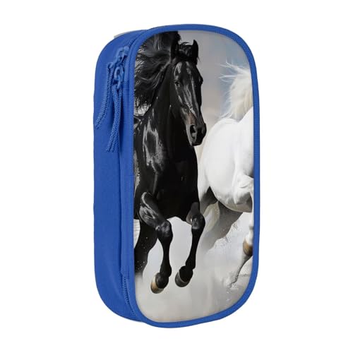 KCGSDEGV Schwarzes Federmäppchen mit schwarzen und weißen Pferden, bedruckt mit großem Fassungsvermögen, niedliches Federmäppchen, Schreibwaren-Organizer, Box für Schule, Mädchen, Jungen, blau, von KCGSDEGV