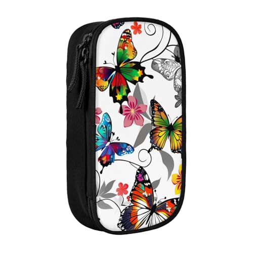 KCGSDEGV Schwarzes Federmäppchen mit weißem Blumenmuster, bunte Schmetterlinge, Kunstdruck, großes Fassungsvermögen, niedliches Federmäppchen, Schreibwaren-Organizer, Box für Schule, Mädchen, Jungen, von KCGSDEGV