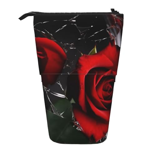 KCGSDEGV Stehendes Federmäppchen mit roten Rosen-Aufdrucken, erweiterbar, Organizer für Schule, Stifte, Make-up und Reisen, für Studenten und Künstler, Schwarz , Einheitsgröße, Schulranzen von KCGSDEGV