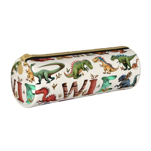 KCGSDEGV Stilvolle Lernalphabete mit Dinosauriern, bedrucktes rundes Federmäppchen, niedliches Leder-Federmäppchen, Stiftetasche, Halter, Schreibwaren-Organizer, Box für Schule, Mädchen, Jungen, weiß, von KCGSDEGV