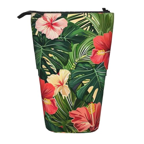 KCGSDEGV Vegetation Leaves with Hibiscus Flowers Prints Standing Expandable Pencil Case Organizer for School Pens, Makeup & Travel for Students & Artists, Schwarz , Einheitsgröße, Schulranzen von KCGSDEGV