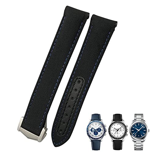 KCHSRKHXC 19mm 20mm 21mm Nylon Canvas Curved End Watchband Fit for Omega 300 AT150 Watch Strap (Color : Black Black, Size : 20mm Silver Clasp) von KCHSRKHXC