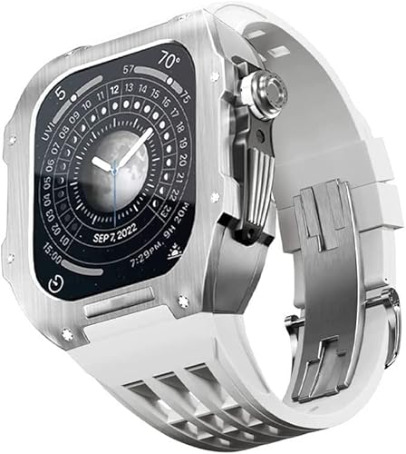 KCHSRKHXC Rugged Stainless Steel Cover Case Rubber Replacement Strap for 87 45mm 654 44mm, MenKit Metal Bezel Fluororubber Band with Clasp Watch Accessories von KCHSRKHXC