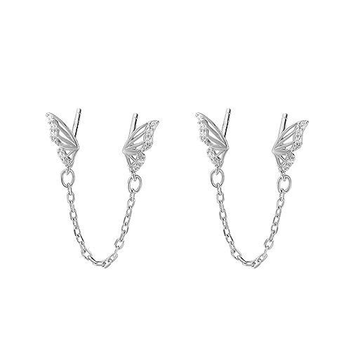 Süßer winziger Schmetterling Doppelpiercing Huggie kleiner Bolzen mit kurzer Kette Sterling Sterling Silber Manschette Wickel Ohrringe für Frauen Knorpel zwei Löcher Tier Hypoallergen Hypoallergen von KCHSRKHXC
