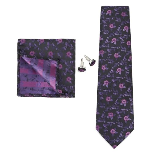 KCHYCV Men's Tie & Cufflinks Set Premium Silk Tie with Pocket Square & Cufflinks Elegant Mens Accessories Gift Set for Formal Weddings & Business Classic Design with Patterns(5497-10) von KCHYCV