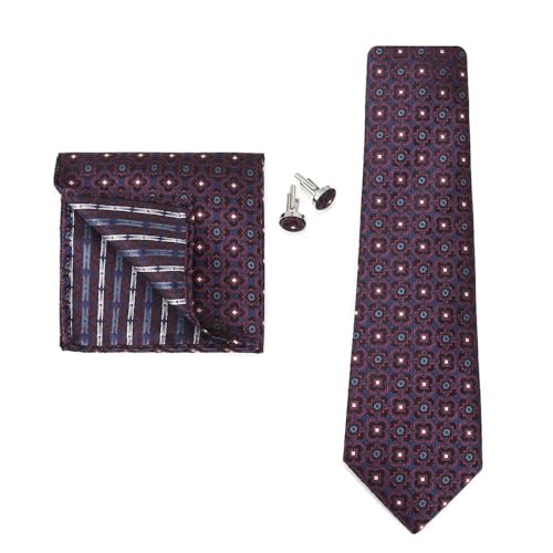 KCHYCV Men's Tie & Cufflinks Set Premium Silk Tie with Pocket Square & Cufflinks Elegant Mens Accessories Gift Set for Formal Weddings & Business Classic Design with Patterns(5575-2) von KCHYCV