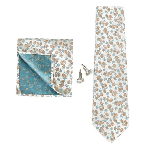 KCHYCV Men's Tie & Cufflinks Set Premium Silk Tie with Pocket Square & Cufflinks Elegant Mens Accessories Gift Set for Formal Weddings & Business Classic Design with Patterns(5606-3) von KCHYCV