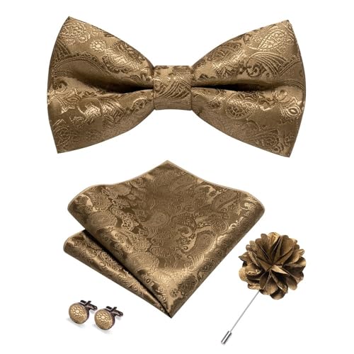 KCHYCV Men's Tie & Cufflinks Set Premium Silk Tie with Pocket Square & Cufflinks Elegant Mens Accessories Gift Set for Formal Weddings & Business Classic Design with Patterns(Gold) von KCHYCV