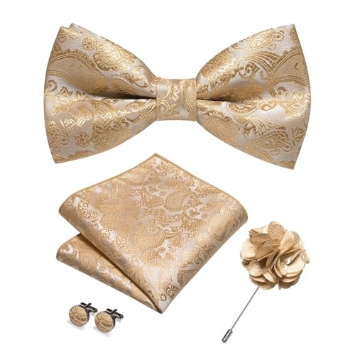 KCHYCV Men's Tie & Cufflinks Set Premium Silk Tie with Pocket Square & Cufflinks Elegant Mens Accessories Gift Set for Formal Weddings & Business Classic Design with Patterns(Yellow Sliver) von KCHYCV