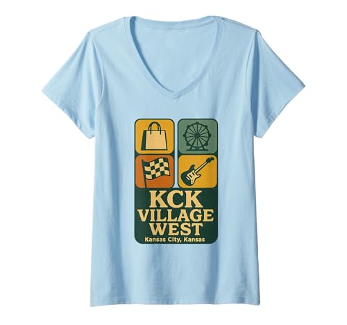 Damen KCK Village Westtrikot im Vintage-Stil, Kansas City, Einkaufsrennen T-Shirt mit V-Ausschnitt Damen KCK Village Westtrikot im Vintage-Stil, Kansas City, Einkaufsrennen T-Shirt mit V-Ausschnitt von KCK Village West Tee Shirts for Kansas City