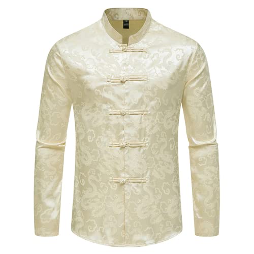 KCLEE Herren Slim Fit Langarm Casual Button-Down-Hemden Herren Traditioneller Chinesischer Bestickter Hemdmantel Herren Chinesischer Tang-Anzug Oberteile Mantel Langarm-Hemden Chinesischer Trachten von KCLEE