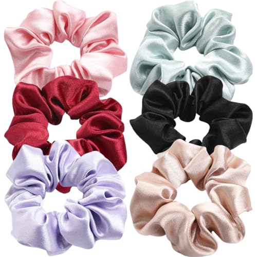 KCOQINA (6 Stück) Seide Scrunchies Satin Haargummi Weich Elastisch Groß für Damen Frauen Mädchen, Weich Seidig Elastisch Haargummi Seide von KCOQINA