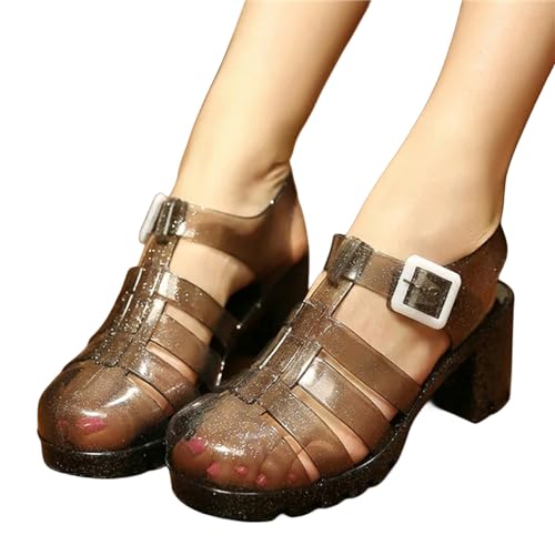 KCYSLY sandalen damen Women Jelly Schuhe Sommer Frauen Sandals Square High Heels Transparent Plattform Sandale-Transparent Schwarz-35 von KCYSLY