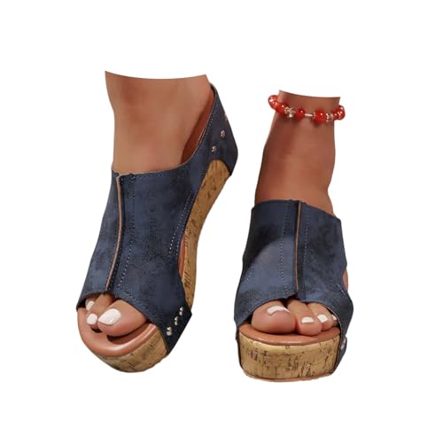 KDAKSA Cork Wedges & Platform Slides,Summer Lightweight Sandals,Non-slip Summer Comfy Platform Orthopedic (Blue,40.5) von KDAKSA
