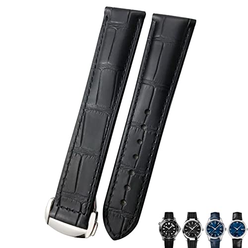 KDEGK 18mm 19mm 20mm Rindsleder Uhrenarmband für Omega Seamaster 300 Speedmaster Uhrenarmbänder(Black silver,18mm) von KDEGK