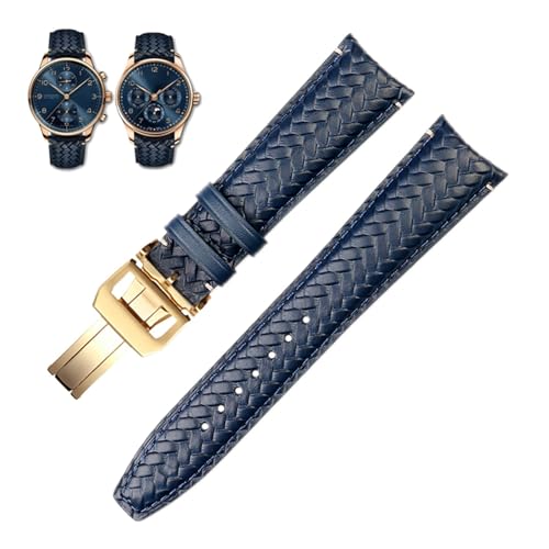 KDEGK 22mm 20mm Echtes Leder Armband Fit Für IWC IW503312 IW500713 IW344205 Blau Rindsleder Armband Männer Dornschließe(Blue gold buckle,22mm) von KDEGK