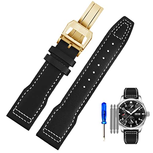 KDEGK Uhrenarmband aus echtem Leder für IWC Pilots Little Prince Male Mark 18 Big Fly Portugal, weiches, bequemes Armband, 20 mm Armband(Black White-Golden-Z,21mm) von KDEGK