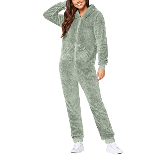 Einfarbig Damen Overall Flauschig Jumpsuit Winter Warm Einteiler Onesie Langarm Schlafanzug Elegant Langarm Schlafoverall mit Kapuze Reißverschluss Hausanzug Plüsch Pyjama Teddy Anzug von KDEIHT