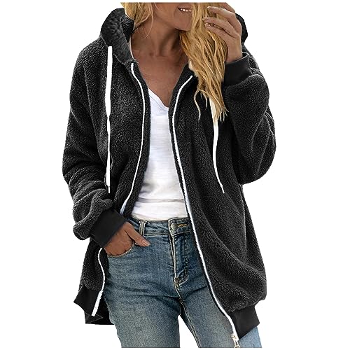 Fleecejacke Damen Warm Winterjacke Teddy-Fleece Hoodie Winter Plüschjacke Langarm Kapuzenjacke mit Kapuze Wintermantel Mode Übergangsjacke Einfarbig Casual Teddyjacke Oversize Mantel von KDEIHT