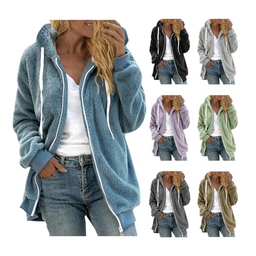 Fleecejacke Damen Warm Winterjacke Teddy-Fleece Hoodie Winter Plüschjacke Langarm Kapuzenjacke mit Kapuze Wintermantel Mode Übergangsjacke Einfarbig Casual Teddyjacke Oversize Mantel von KDEIHT