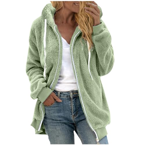Fleecejacke Damen Warm Winterjacke Teddy-Fleece Hoodie Winter Plüschjacke Langarm Kapuzenjacke mit Kapuze Wintermantel Mode Übergangsjacke Einfarbig Casual Teddyjacke Oversize Mantel von KDEIHT