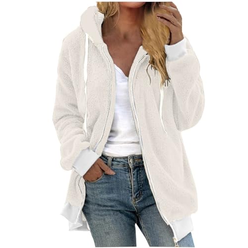 Fleecejacke Damen Warm Winterjacke Teddy-Fleece Hoodie Winter Plüschjacke Langarm Kapuzenjacke mit Kapuze Wintermantel Mode Übergangsjacke Einfarbig Casual Teddyjacke Oversize Mantel von KDEIHT