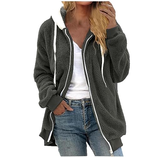 Fleecejacke Damen Warm Winterjacke Teddy-Fleece Hoodie Winter Plüschjacke Langarm Kapuzenjacke mit Kapuze Wintermantel Mode Übergangsjacke Einfarbig Casual Teddyjacke Oversize Mantel von KDEIHT