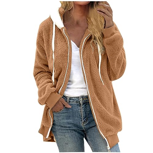 Fleecejacke Damen Warm Winterjacke Teddy-Fleece Hoodie Winter Plüschjacke Langarm Kapuzenjacke mit Kapuze Wintermantel Mode Übergangsjacke Einfarbig Casual Teddyjacke Oversize Mantel von KDEIHT