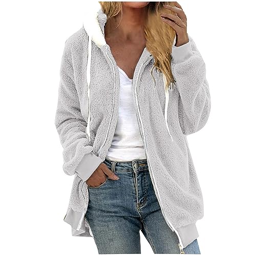 Fleecejacke Damen Warm Winterjacke Teddy-Fleece Hoodie Winter Plüschjacke Langarm Kapuzenjacke mit Kapuze Wintermantel Mode Übergangsjacke Einfarbig Casual Teddyjacke Oversize Mantel von KDEIHT