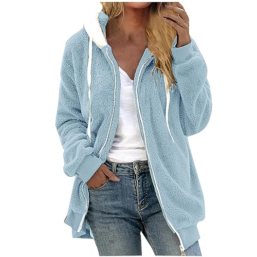 Fleecejacke Damen Warm Winterjacke Teddy-Fleece Hoodie Winter Plüschjacke Langarm Kapuzenjacke mit Kapuze Wintermantel Mode Übergangsjacke Einfarbig Casual Teddyjacke Oversize Mantel von KDEIHT