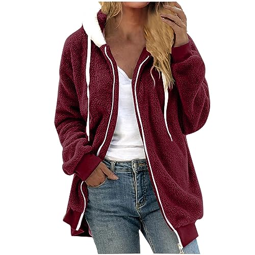 Fleecejacke Damen Warm Winterjacke Teddy-Fleece Hoodie Winter Plüschjacke Langarm Kapuzenjacke mit Kapuze Wintermantel Mode Übergangsjacke Einfarbig Casual Teddyjacke Oversize Mantel von KDEIHT