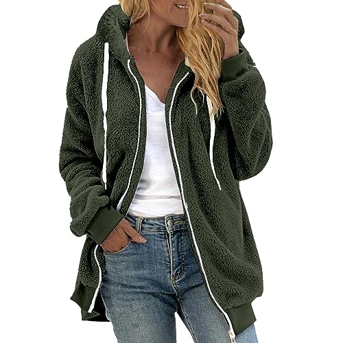 Fleecejacke Damen Warm Winterjacke Teddy-Fleece Hoodie Winter Plüschjacke Langarm Kapuzenjacke mit Kapuze Wintermantel Mode Übergangsjacke Einfarbig Casual Teddyjacke Oversize Mantel von KDEIHT