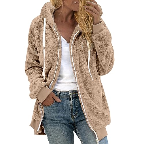 Fleecejacke Damen Warm Winterjacke Teddy-Fleece Hoodie Winter Plüschjacke Langarm Kapuzenjacke mit Kapuze Wintermantel Mode Übergangsjacke Einfarbig Casual Teddyjacke Oversize Mantel von KDEIHT